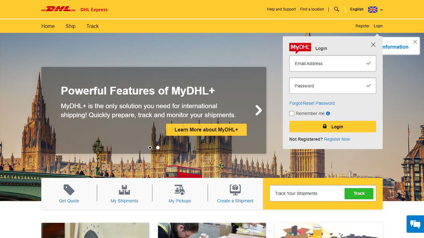 Login to MyDHL+ to create shipment, shipping rates, pickups and tracking